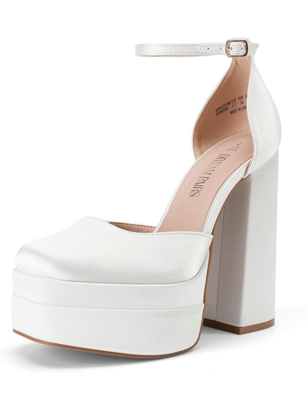 Women’s White Satin High Chunky Platform Square Toe Ankle Strap Wedding Heel